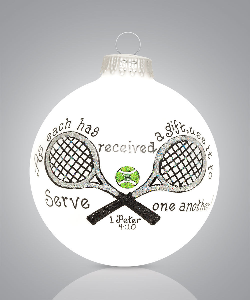 Hand-painted glass tennis ornament with rackets and inspirational scripture