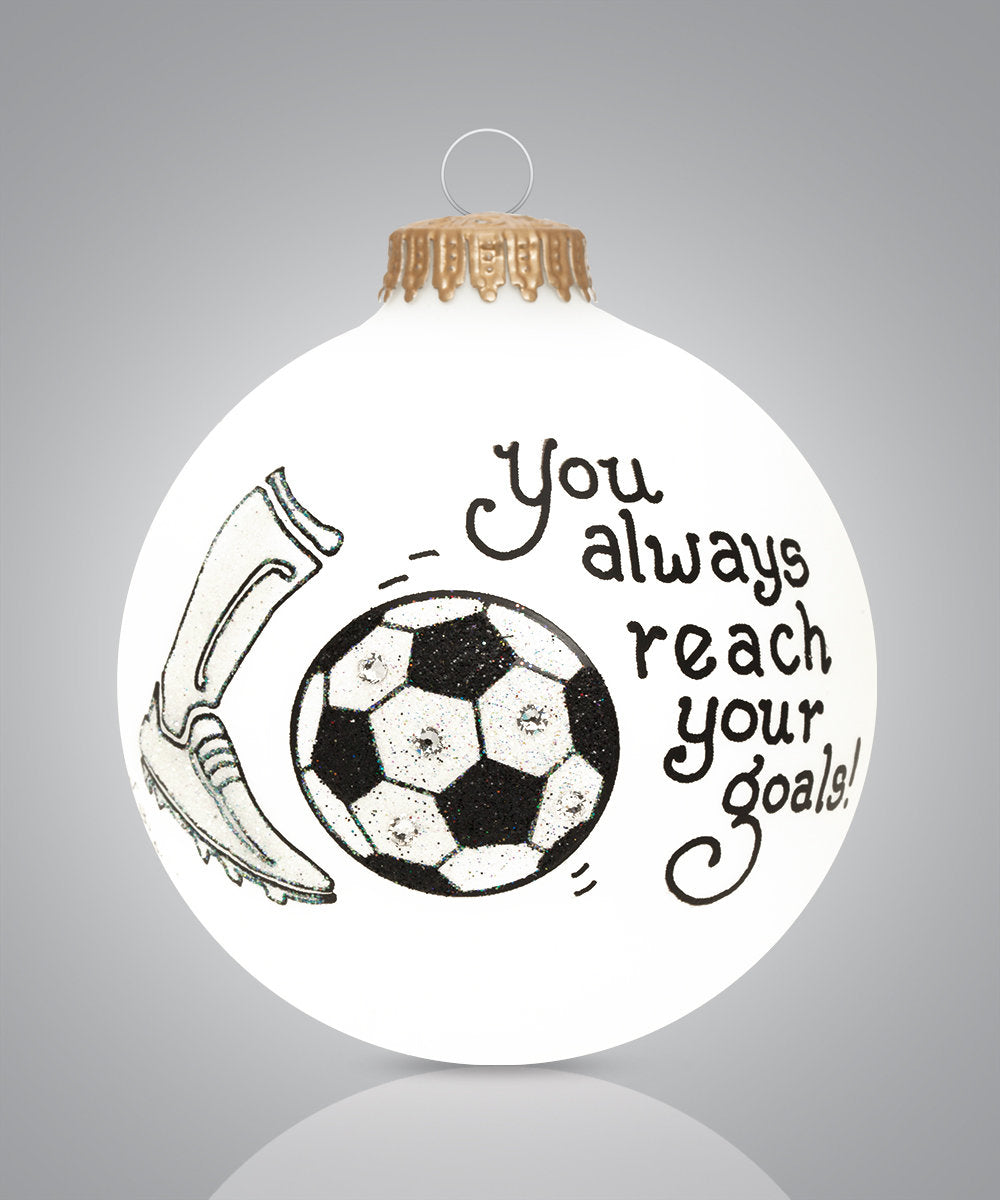 Reach Your Goals Ornament - Hand-Painted Soccer Keepsake for Players and Fans - White Sock