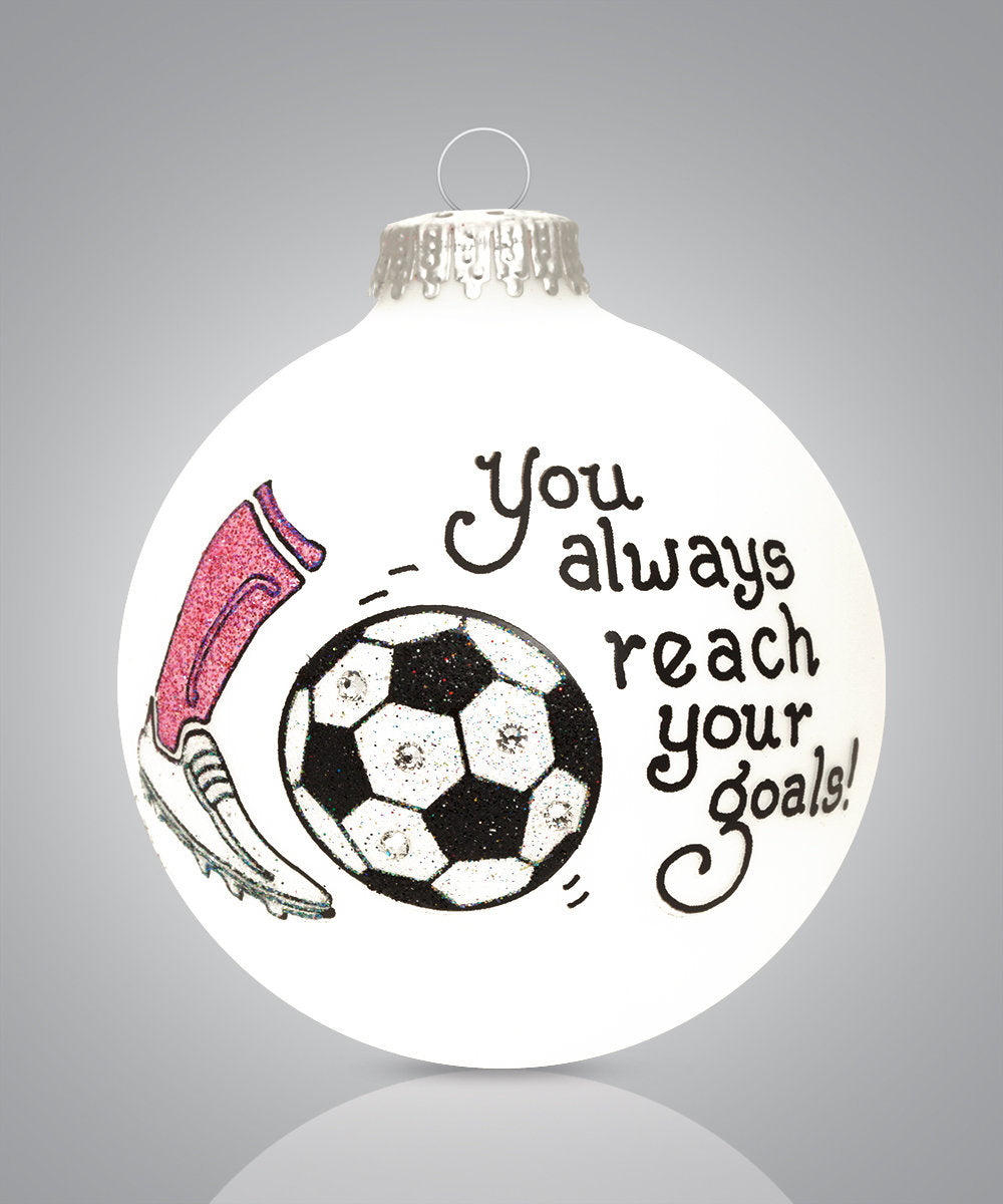 Reach Your Goals Soccer Ornament - Hand-Painted Glass Keepsake for Players and Fans - Pink Sock