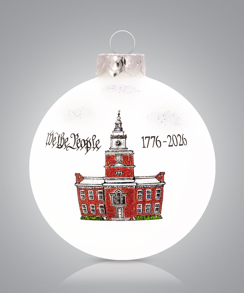 Independence Hall red design ornament – America 250 Semiquincentennial hand-painted glass keepsake
