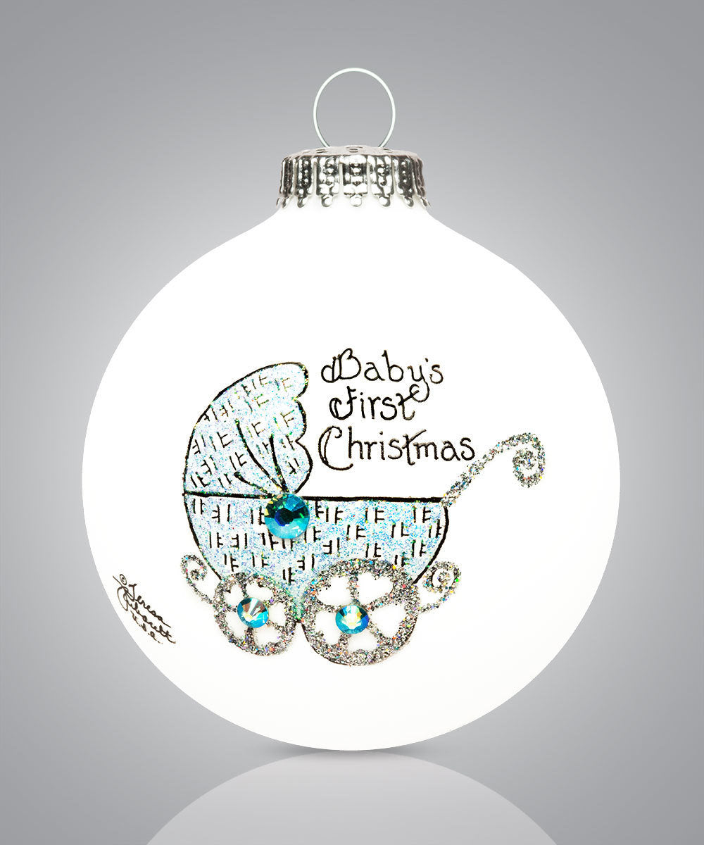 Baby’s First Christmas Ornament (Blue Carriage) – Hand-Painted Glass Keepsake