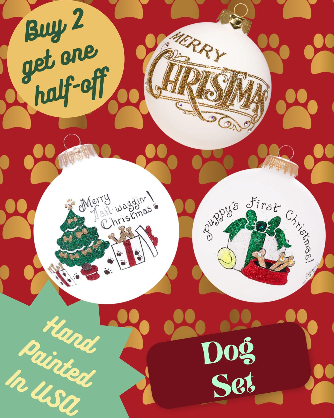 Dog Ornament Set – Hand-Painted Glass Keepsakes (Build-Your-Own-Bundle of 3)