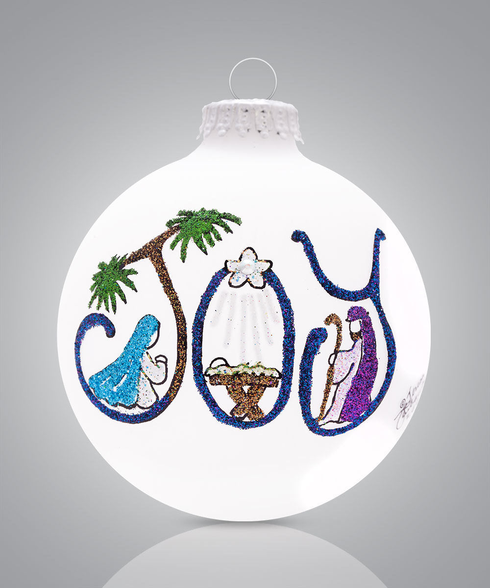Joy Nativity Ornament – Hand-Painted Glass Keepsake with Manger Scene