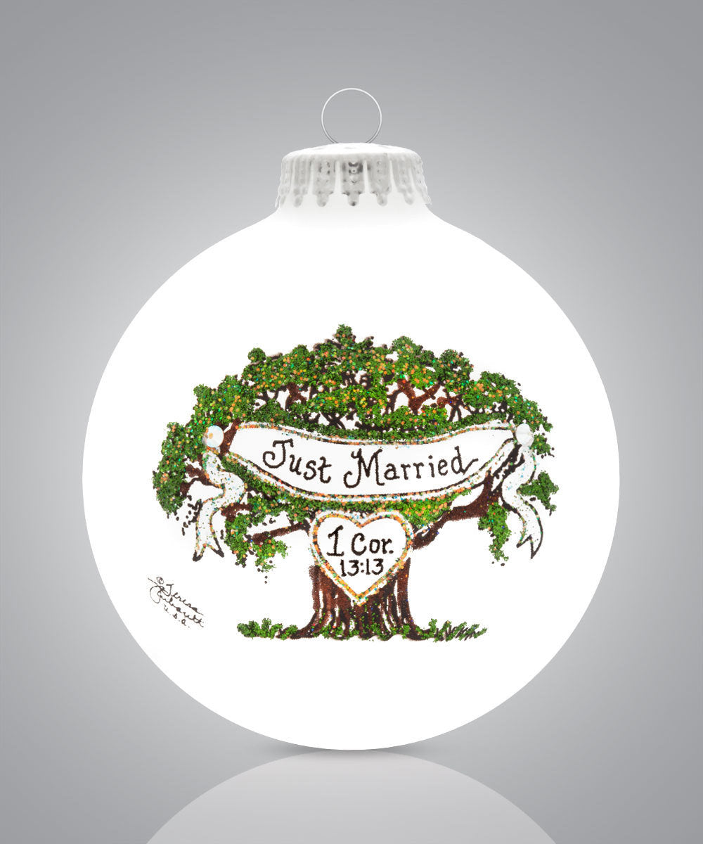 Just Married Tree Ornament - Hand-Painted Glass Keepsake with 1 Corinthians 13:13