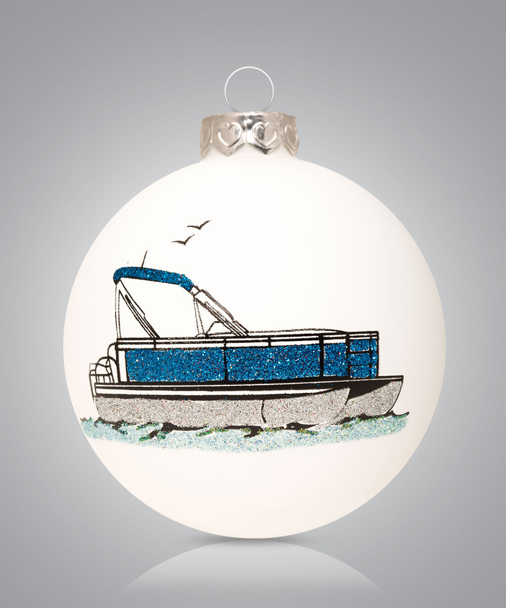 Hand-painted glass ornament featuring a sparkling blue pontoon boat