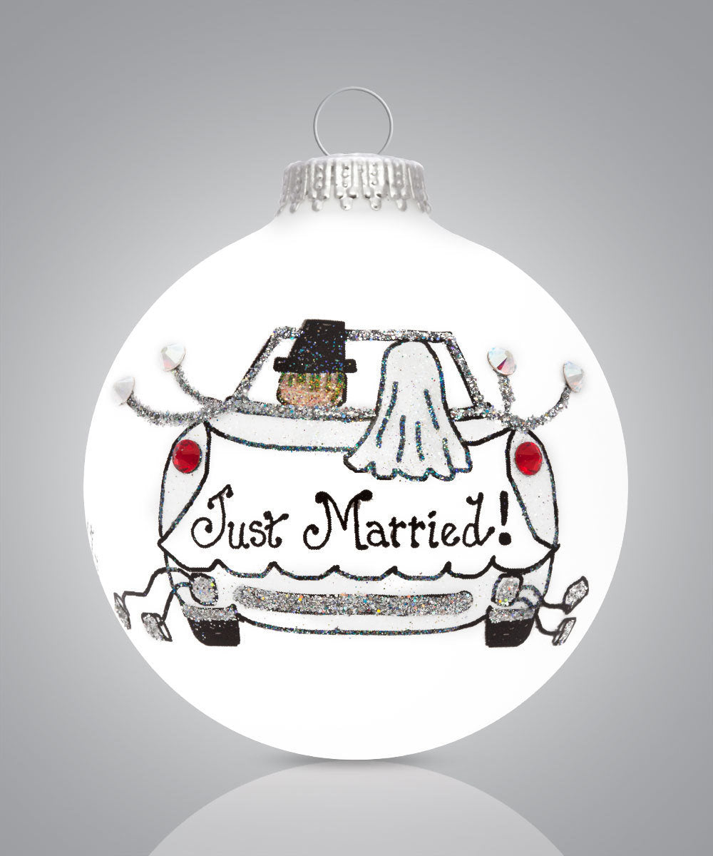 Just Married Ornament - Hand-Painted Glass Keepsake for Newlyweds