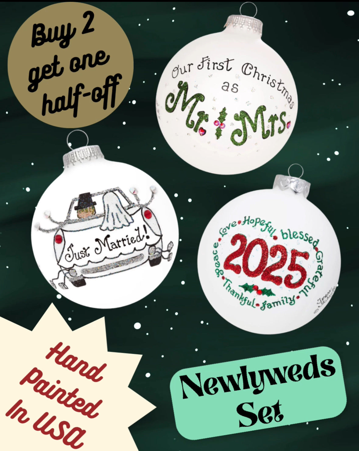 Newlyweds Ornament Set – Hand-Painted Glass Keepsakes (Build-Your-Own-Bundle of 3)