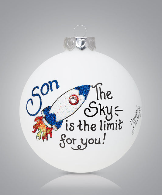 Hand-painted glass ornament with rocket and inspirational message for son