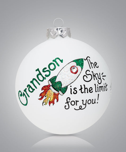 Hand-painted glass ornament with rocket and message for grandson: “The sky is the limit for you”