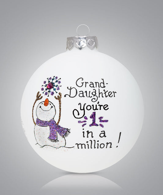Hand-painted glass ornament with snowman and message telling granddaughter she’s #1 in a million