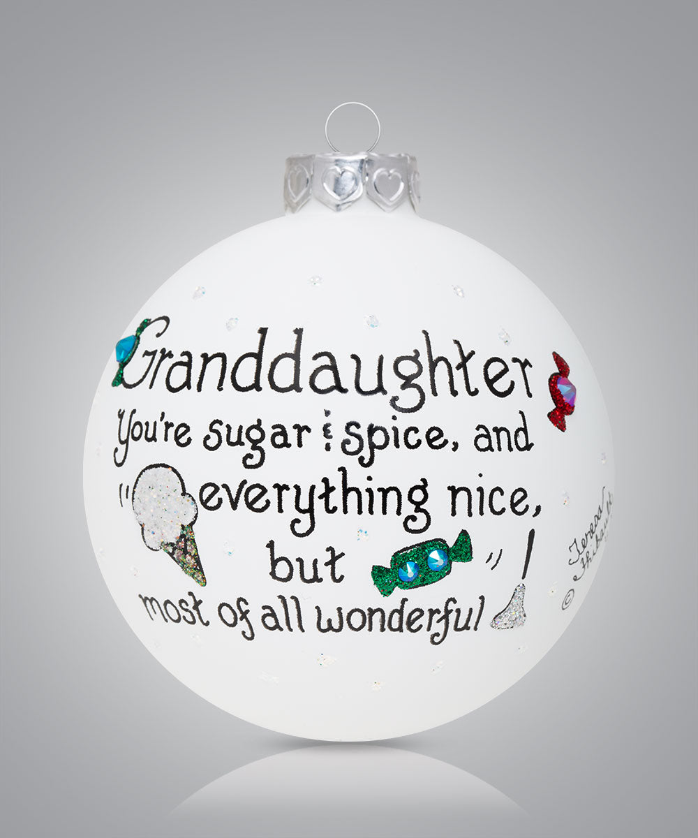 Hand-painted glass ornament with snowmen hugging and sister friendship message