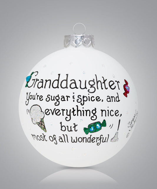 Hand-painted glass ornament with snowmen hugging and sister friendship message