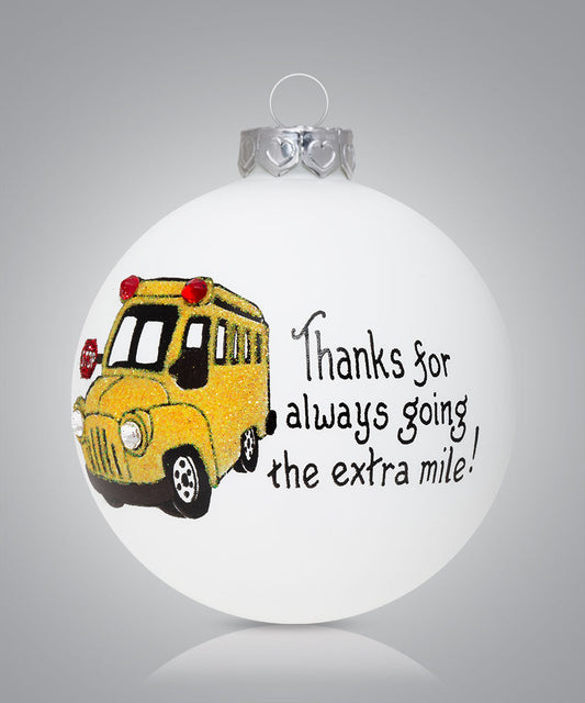 Hand-painted glass ornament with yellow school bus and thank-you message