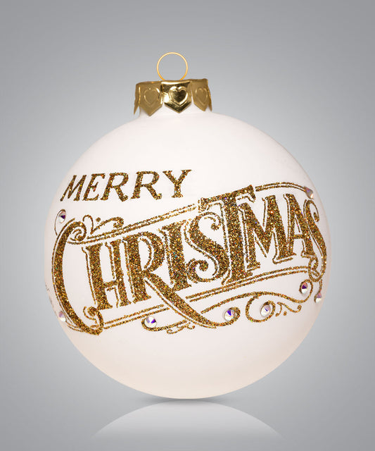 Hand-painted glass ornament with elegant gold script saying Merry Christmas