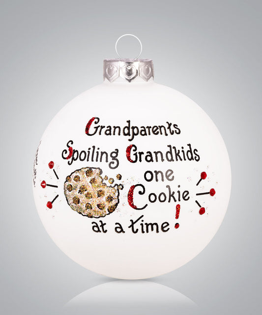 Hand-painted glass ornament with cookies and message “Grandparents spoiling grandkids one cookie at a time”