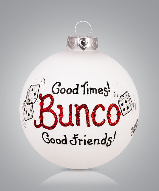 Hand-painted glass ornament featuring dice and the phrase “Bunco – good times good friends”