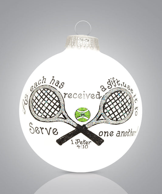 Hand-painted glass tennis ornament with rackets and inspirational scripture