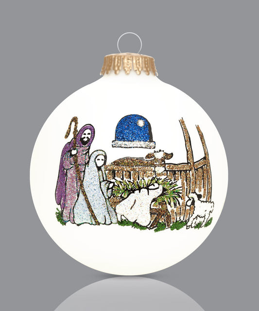 Nativity Ornament – Hand-Painted Glass Keepsake with Luke 2:7 Scripture