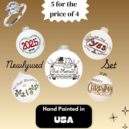 Newlyweds Forever Ornament Set – Hand-Painted Glass Keepsakes (Build-Your-Own-Bundle of 5)