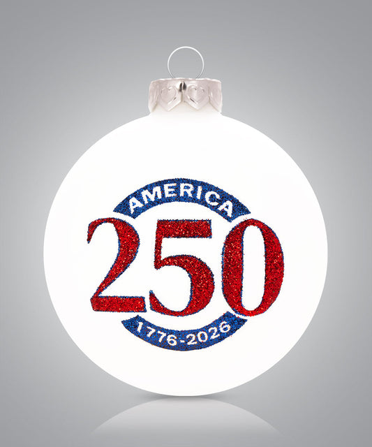 America 250 red numerals ornament – patriotic Semiquincentennial hand-painted glass keepsake