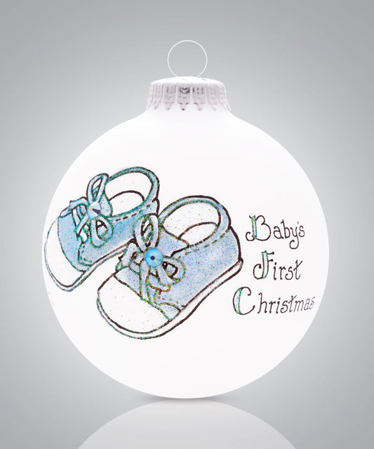 Baby Boy’s First Christmas Ornament - Hand-Painted Glass Keepsake with Adorable Baby Shoes