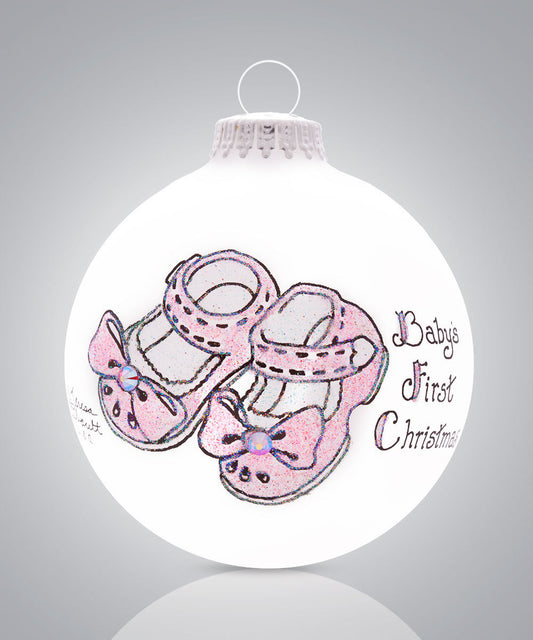 Baby Girl’s First Christmas Ornament - Hand-Painted Glass Keepsake with Adorable Baby Shoes